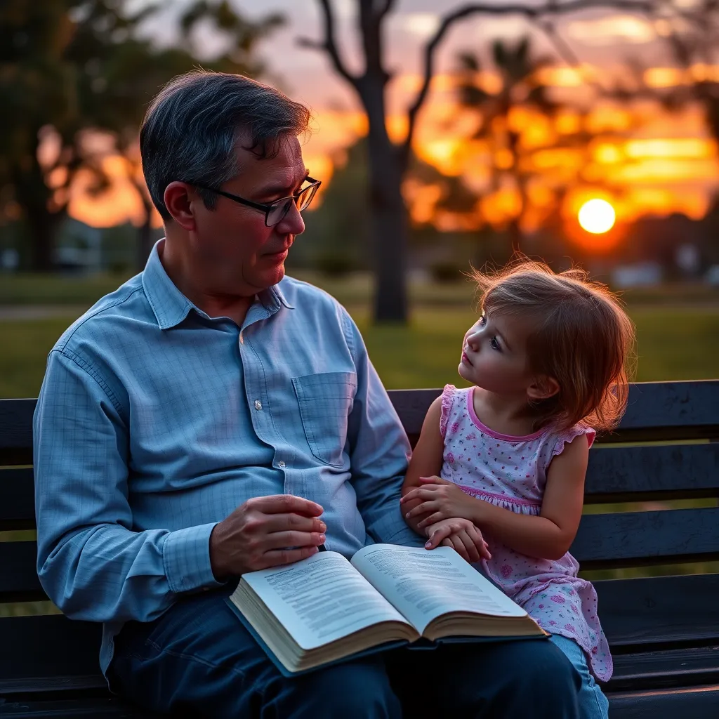 A serene scene showing a parent sitting on a bench in a park with their child, both looking at a colorful sunset. The parent is holding a Bible open on their lap, symbolizing reflection and strength in faith, with gentle light illuminating their faces.