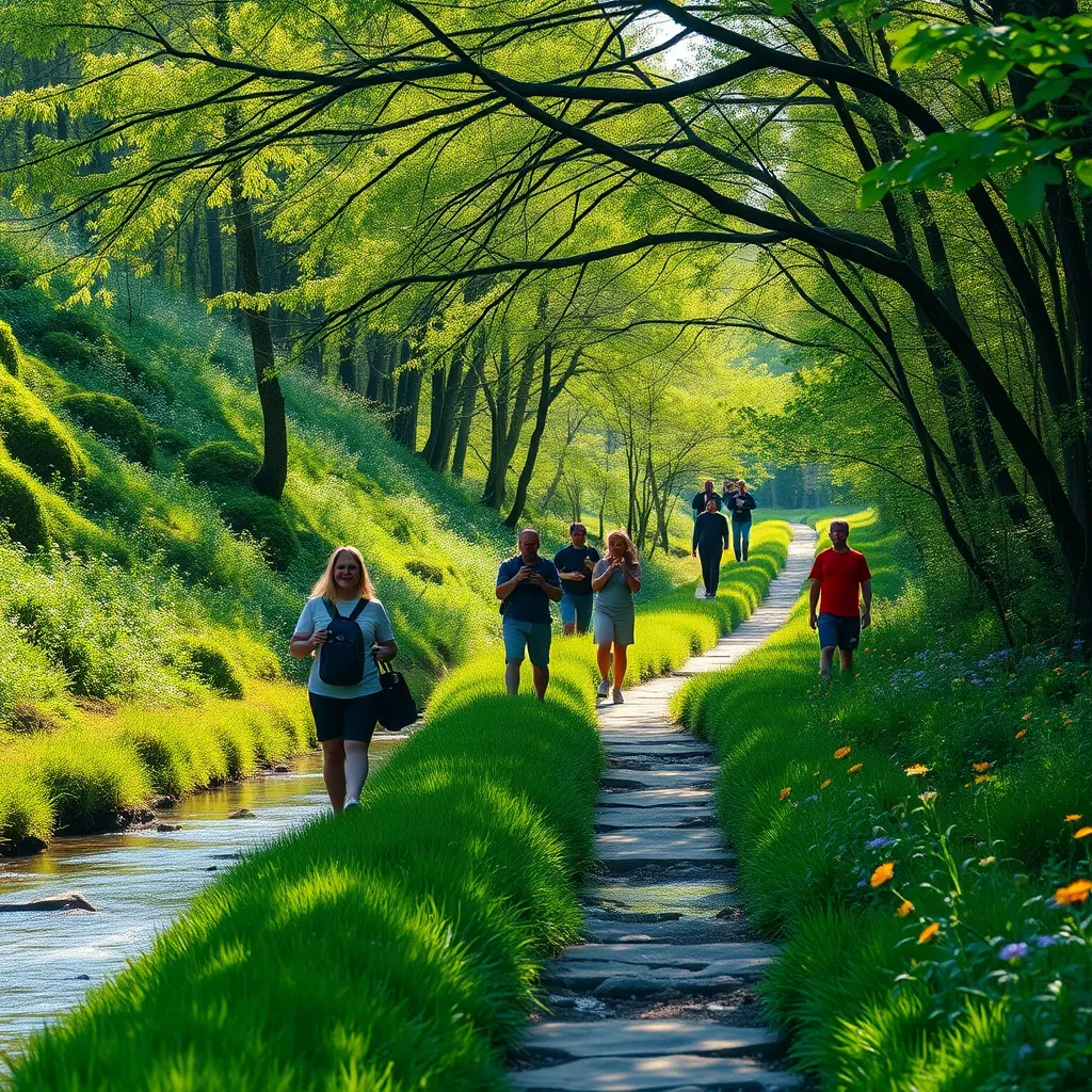 A serene scenic walking trail surrounded by lush greenery, with a gentle stream flowing beside it. The scene captures individuals enjoying a leisurely walk, some stopping to take photos of wildflowers, with sunlight filtering through tree branches above.