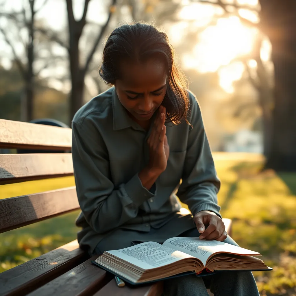 A serene setting depicting a person in deep prayer on a quiet park bench with an open Bible beside them, soft sunlight filtering through the trees, symbolizing guidance and divine presence in decision making.