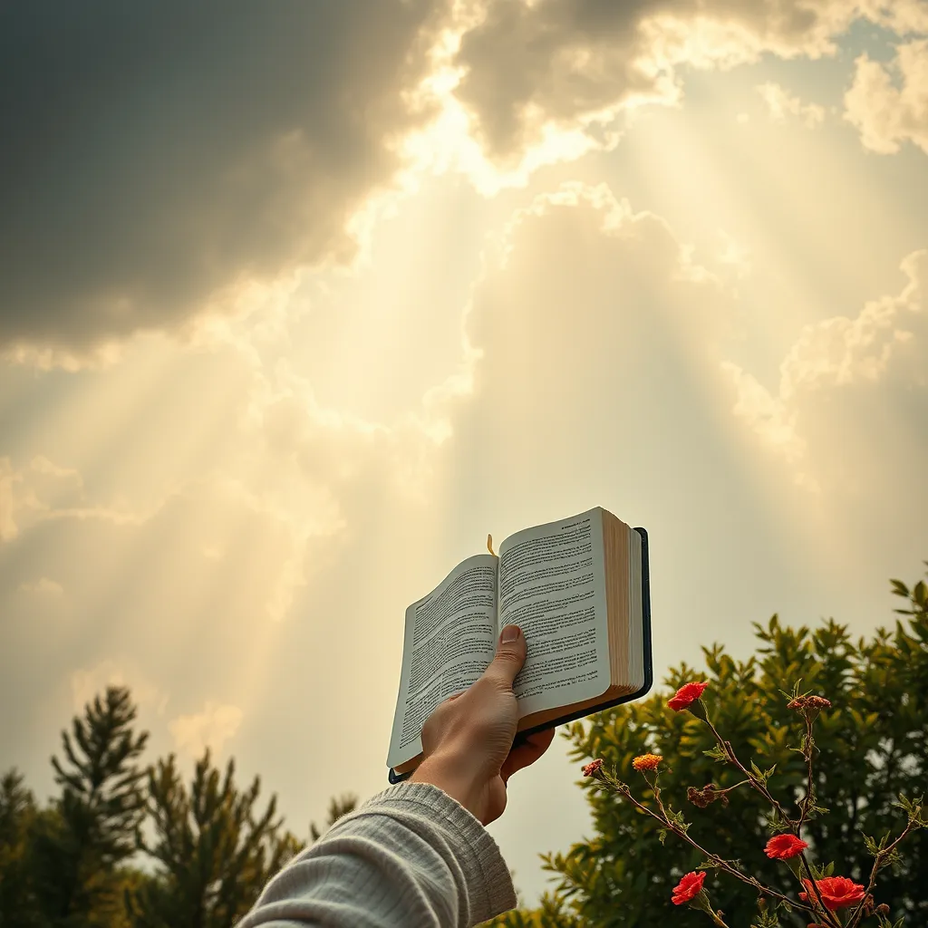 A serene setting depicting a person holding a Bible in one hand while looking up to the sky, with soft rays of sunlight breaking through clouds. Around them, natural elements like trees and flowers symbolize hope and divine guidance.