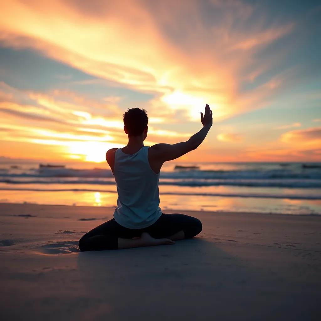 A serene setting featuring a person practicing yoga on a peaceful beach at sunset. The individual is in a meditative pose, surrounded by soft waves and a colorful sky, embodying tranquility and inner peace amidst the beauty of nature.