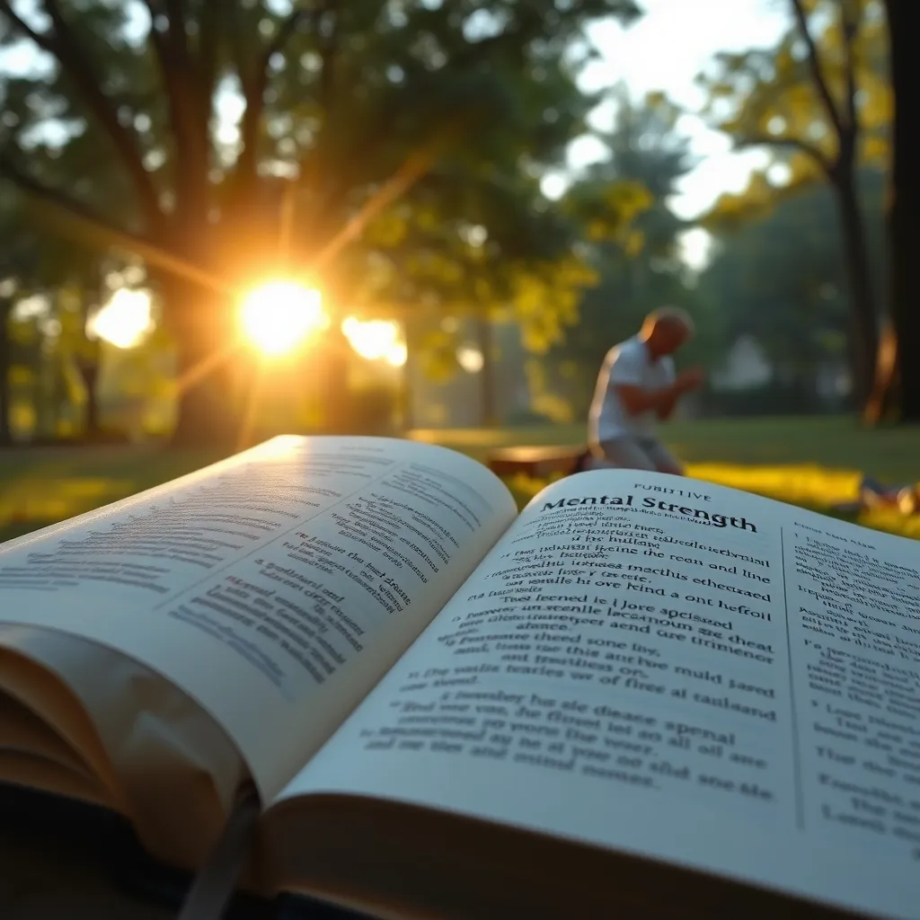 A serene setting featuring an open Bible with highlighted verses on mental strength. Sunlight filtering through trees casts a warm glow, creating a peaceful atmosphere. A person kneeling in prayer nearby, reflecting hope and serenity.