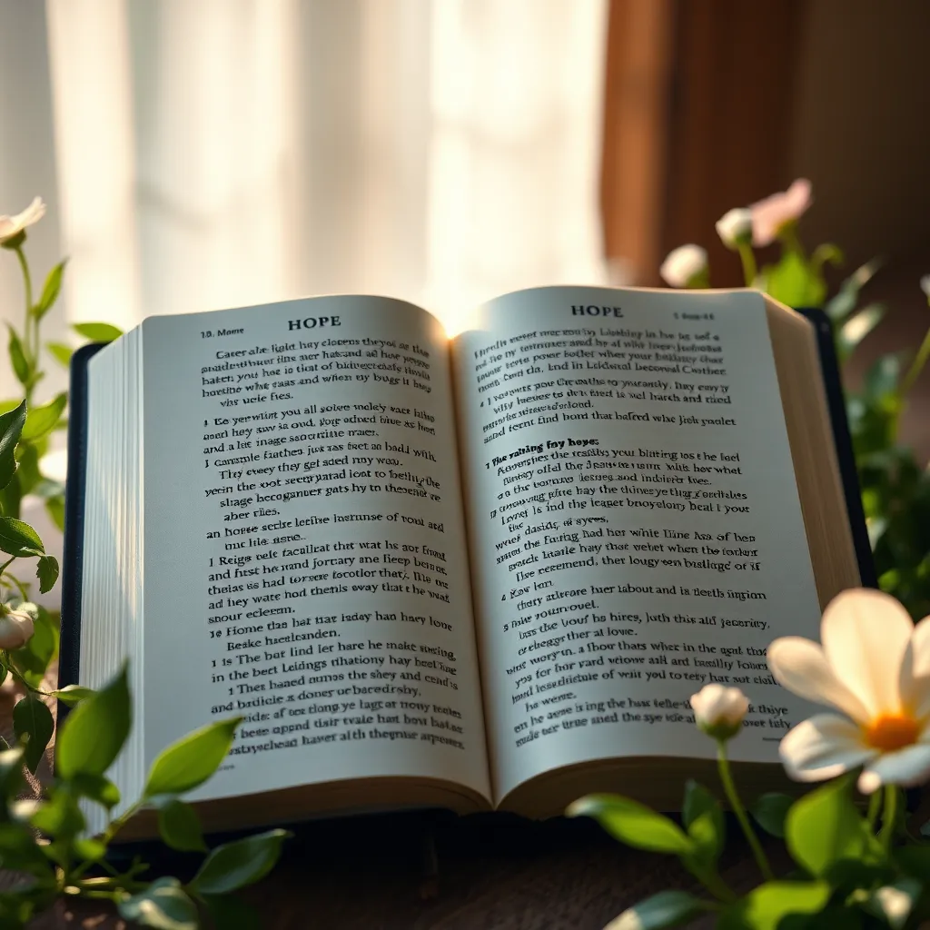 A serene setting featuring an open Bible with highlighted verses, surrounded by soft light and nature, such as lush greenery and gentle flowers, symbolizing hope and spiritual strength.