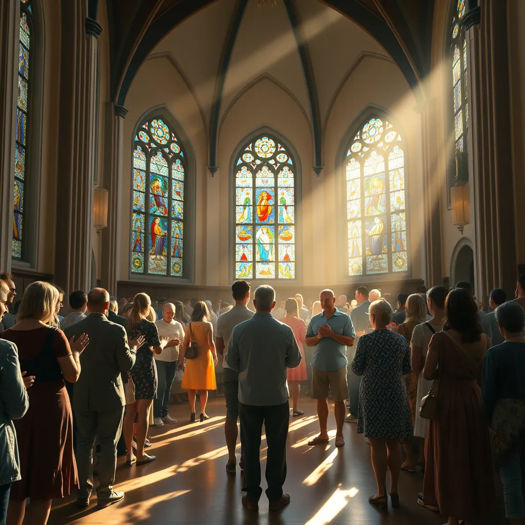 A serene setting within a church or place of worship, with individuals gathered in prayer, some holding hands. Sunlight filters through stained glass windows, casting colorful patterns on the floor. The atmosphere is peaceful, reflecting a deep sense of community and spiritual connection.