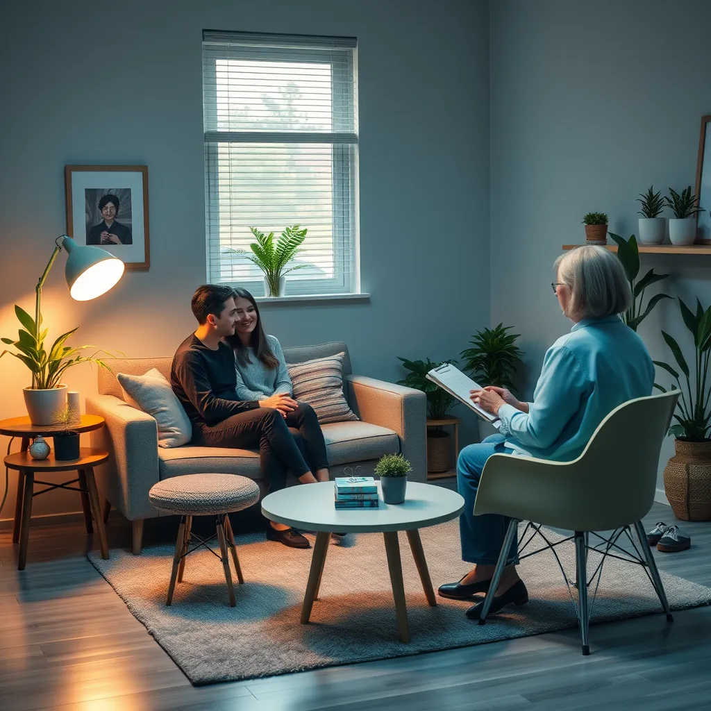 A serene therapist's office with a couple sitting together on one couch while a therapist sits opposite them, taking notes. The room is decorated with calming colors, plants, and cozy furnishings that create a safe environment for discussion.