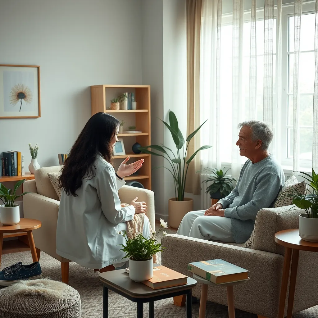 A serene therapy room with a calm and comfortable atmosphere. A therapist is engaging with a client, using empathetic gestures. The room includes soothing colors, soft furnishings, and personal touches like plants and books on grief, promoting healing and safety.
