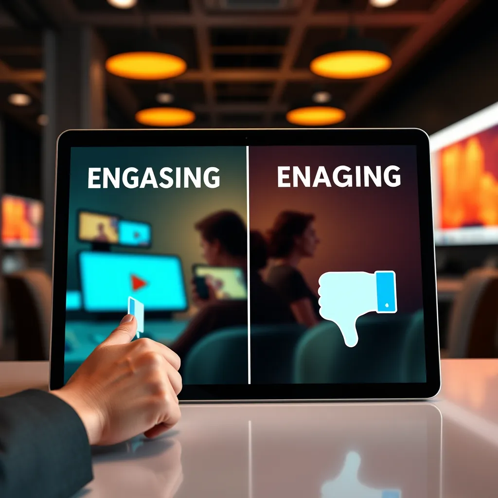 A side-by-side comparison of engaging and non-engaging content pieces displayed on a digital tablet. Highlight visuals such as thumbs up and down indicators for quality assessment, set in a sleek, professional environment with vibrant colors.