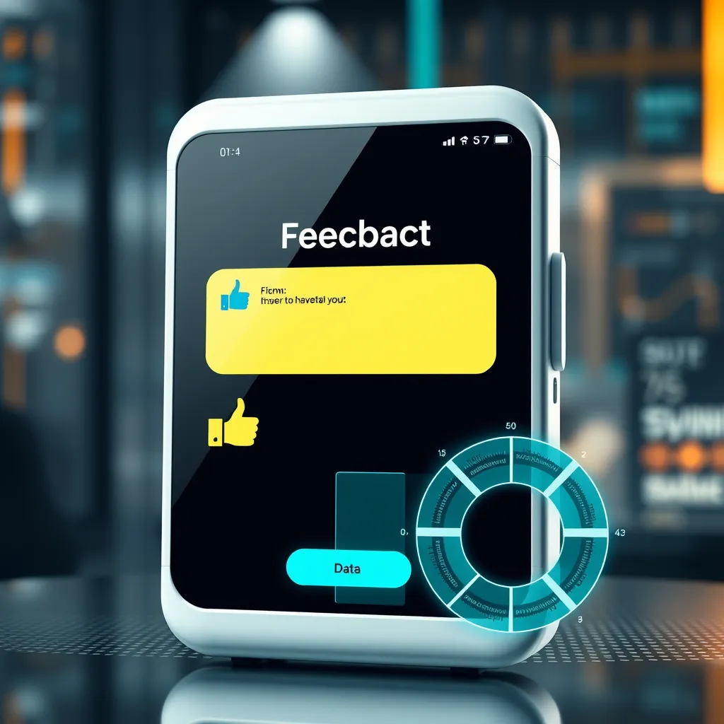 A sleek chatbot interface displaying a feedback form, with thumbs up and thumbs down icons. An infograph beside it shows a data loop representing continuous improvement based on user feedback, set against a modern tech-themed background.