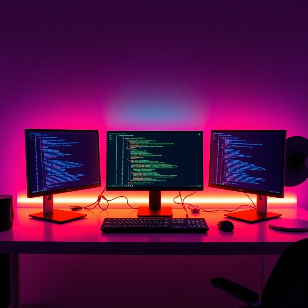 A sleek workspace filled with computer monitors displaying lines of code being assisted by Replit Agent v2. The modern desk setup, illuminated with LED accents, mirrors the high-tech advancement in coding. Vivid colors create an energetic atmosphere of productivity, helping users visualize the impact of AI on software development.