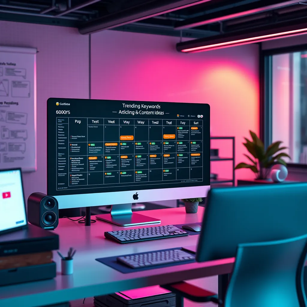 A sleek workspace with a high-tech digital calendar on the screen displaying trending keywords and content ideas. The environment is modern and organized, with vibrant colors lighting up the workspace, indicating efficiency and creativity.