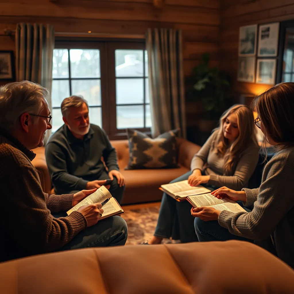 A small circle of individuals sitting together in a cozy, warmly lit room, engaged in a heartfelt discussion. Open Bibles and notebooks in front of them, showing expressions of encouragement and deep connection, symbolizing spiritual growth and community support.