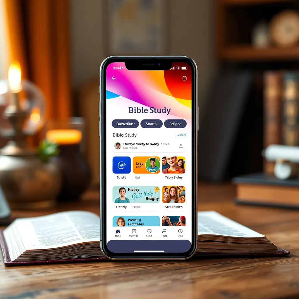 A smartphone displaying a Bible study app interface with vibrant graphics and user-friendly navigation. The background features a cozy study space with a Bible and some study notes.