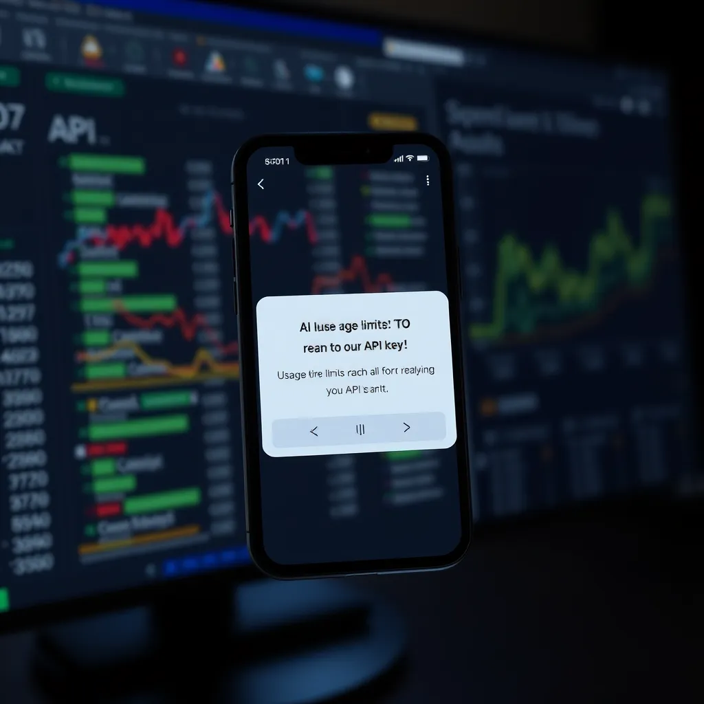 A smartphone notification alert pop-up showcasing usage limits reached for an API key. The background should feature a blurred view of a computer screen with API statistics and analytics being displayed.