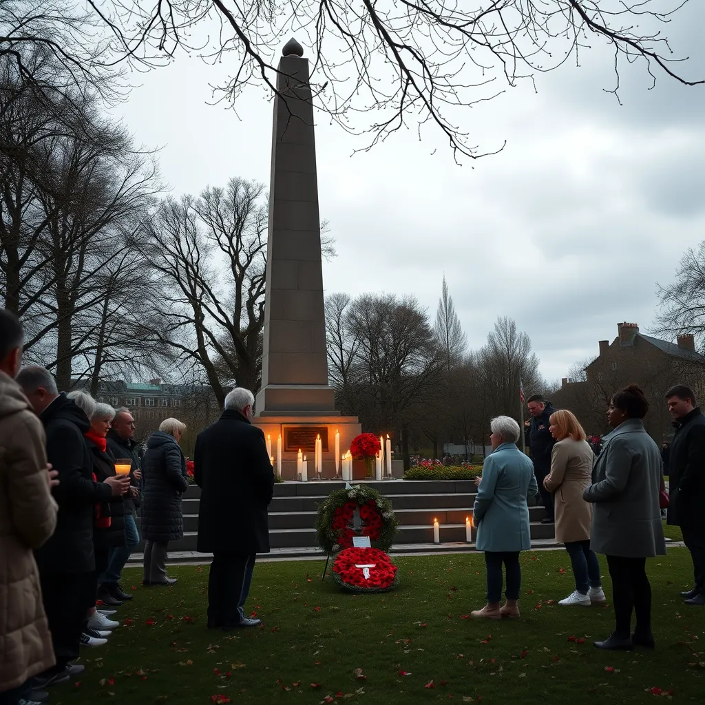 A solemn Remembrance Day ceremony in a park, with people of various ages gathered around a war memorial. Candles are lit, and a wreath of poppies rests at the foot of the monument. The sky is overcast, enhancing the respectful atmosphere of remembrance.