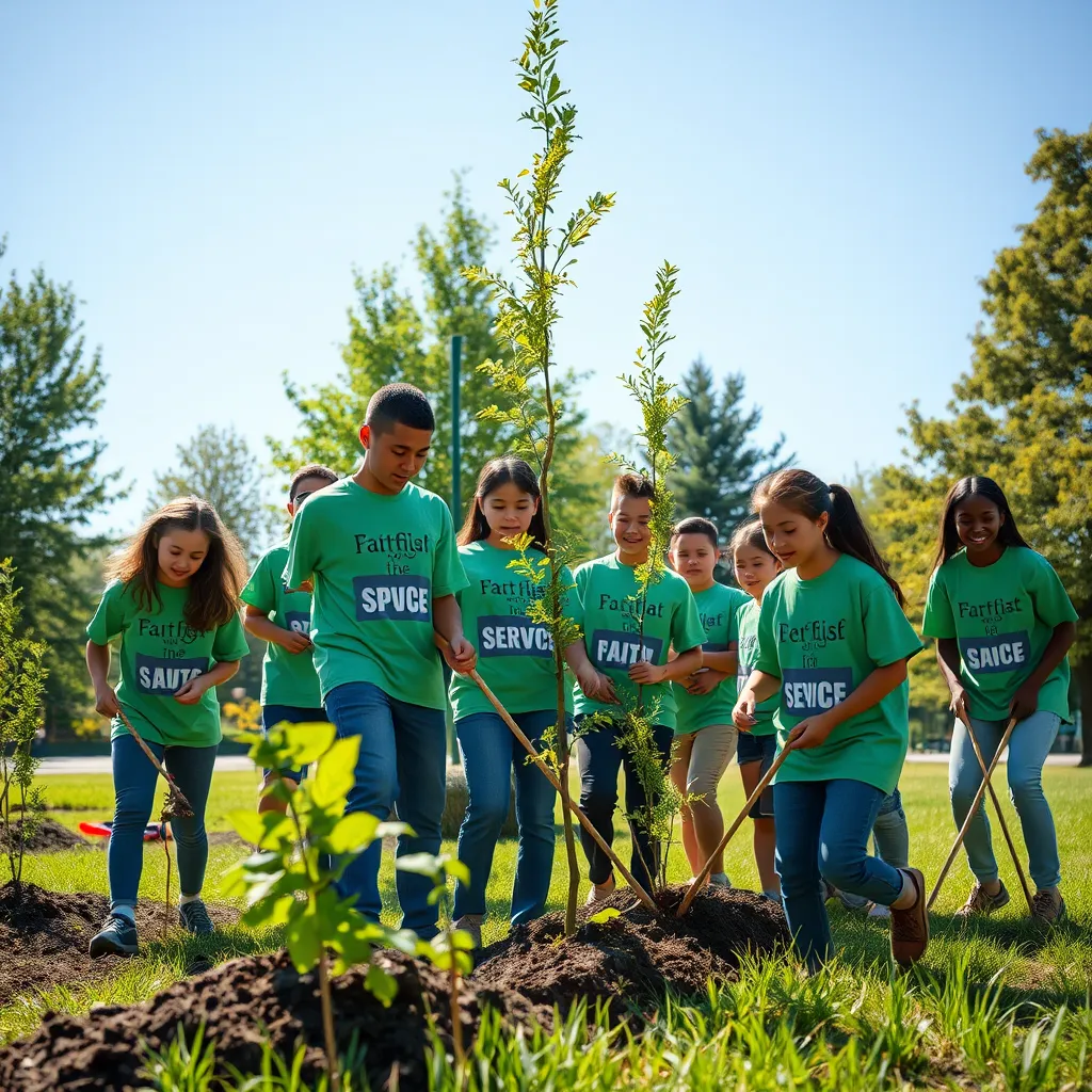 A spirited community service event where youths are planting trees and cleaning a local park, wearing T-shirts with uplifting slogans about faith and service. The scene captures their teamwork, enthusiasm, and collaboration, alongside green trees and a sunny, blue sky.