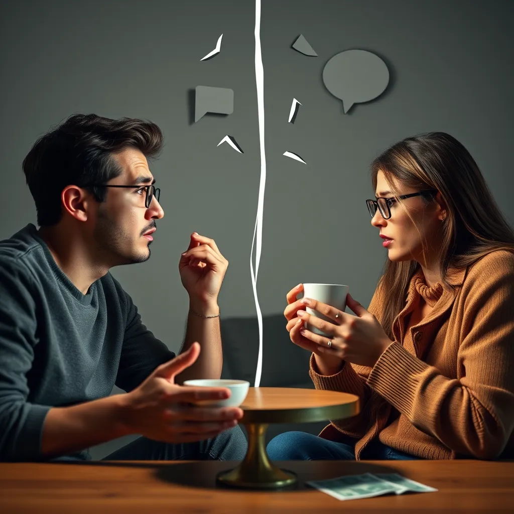 A split image showing a couple arguing on one side and another depicting them connecting over a coffee. The background includes subtle visual elements representing communication breakdown such as broken speech bubbles and financial stress symbols like money and bills.