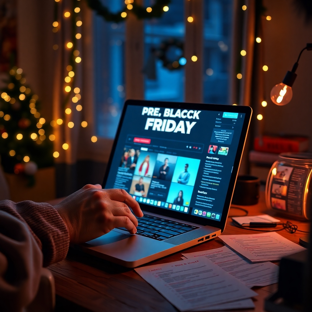 A split image showing a cozy home setting with a person browsing late at night on their laptop for Pre-Black Friday deals. Include a coffee mug, Christmas lights in the background, and a cluttered desk filled with deal alerts and shopping lists.
