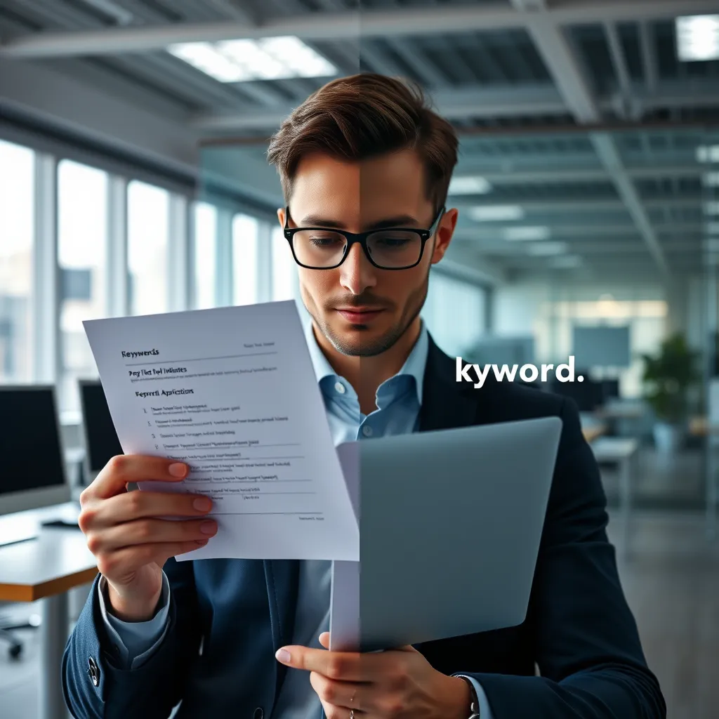 A split image showing a recruitment officer reviewing two applications: one with and one without keywords. The first application displays marked keywords, while the second is bland and lacks emphasis. The setting is a well-lit, professional office environment.