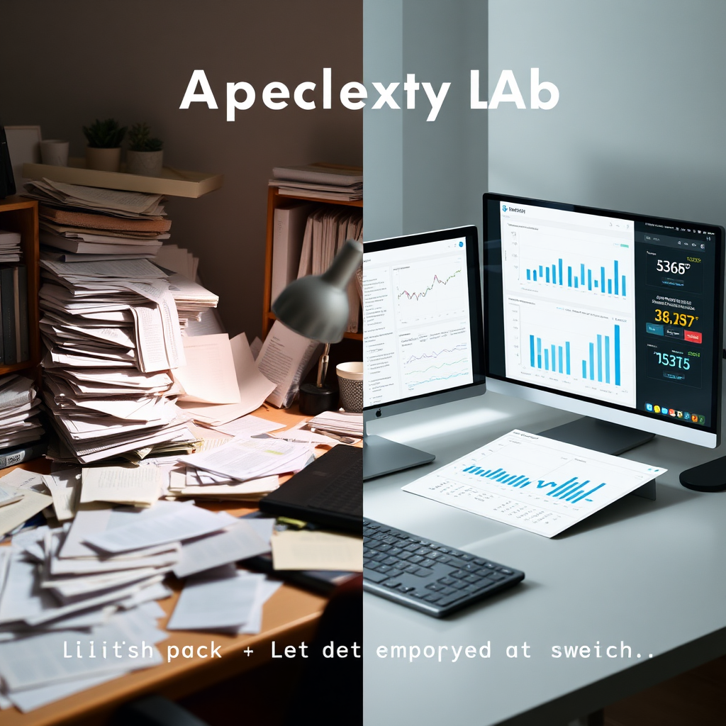 A split-image showing a side-by-side comparison of traditional research versus Perplexity Labs AI automation. The left side depicts a cluttered desk with papers and frustration, while the right shows a streamlined digital workspace with clear analytics and graphs generated swiftly. Soft lighting emphasizes the ease and clarity of the AI workspace. Textures contrast the chaos of paper with the sleekness of digital tools, illustrating an empowering shift toward intelligent research.