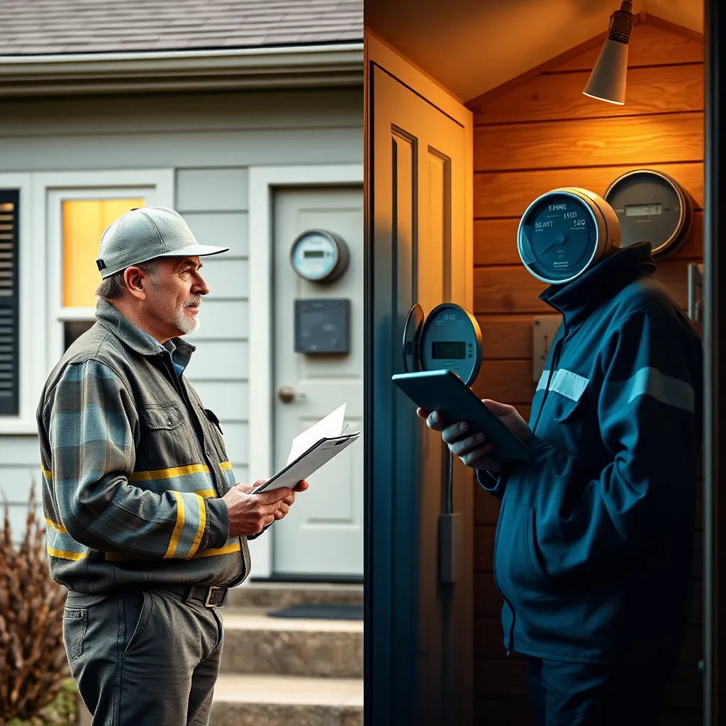 A split image showing a traditional meter reader with a clipboard outside a house on one side and a modern energy worker using a tablet at a smart meter inside a cozy home on the other side. The image should represent the evolution of roles in energy management.