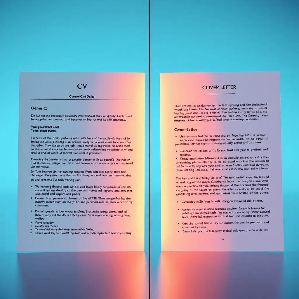 A split-screen image showcasing two distinct CVs and cover letters. On one side, a generic CV and cover letter, appearing dull and unoriginal. On the other side, vibrant, customized documents filled with specific skills and tailored content, highlighting the concept of personalization in job applications.