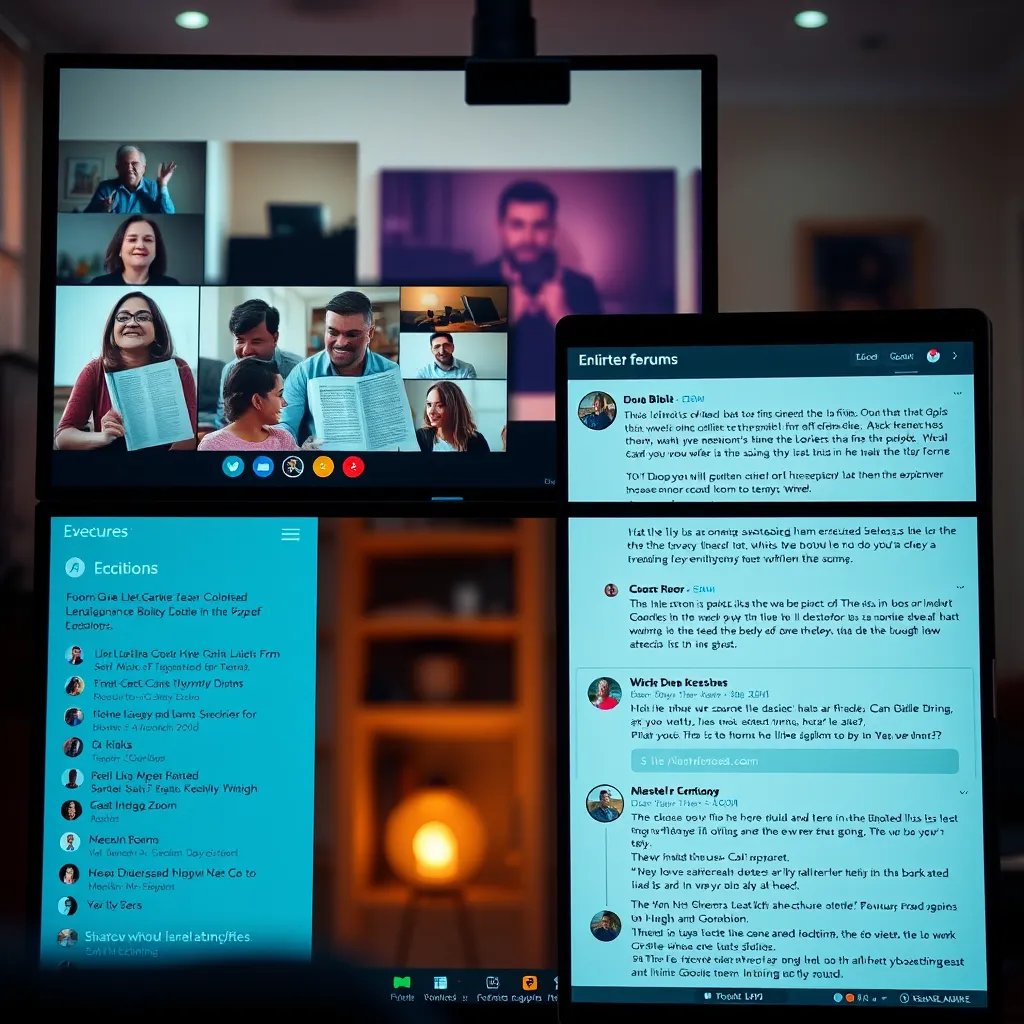 A split-screen image showing a Zoom video call with engaged participants discussing Bible verses. On the other side, a lively online forum with threads of discussions and scripture readings. A digital atmosphere with soft lighting and an encouraging vibe.
