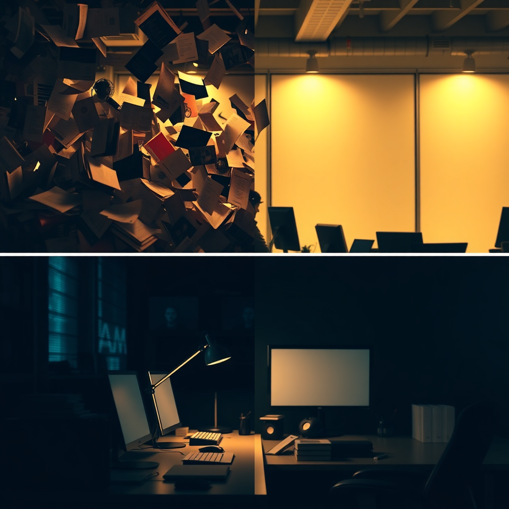 A split-screen image showing two contrasting scenes: one of chaos with overflowing digital information, and the other of a calm professional confidently using AI tools. The chaotic side features a darker, overwhelmed office, while the calm side has a bright, organized workspace. The use of lighting distinguishes the two experiences, highlighting a sense of serenity versus turbulence. The color contrast enhances the visual narrative focusing on clarity with AI.