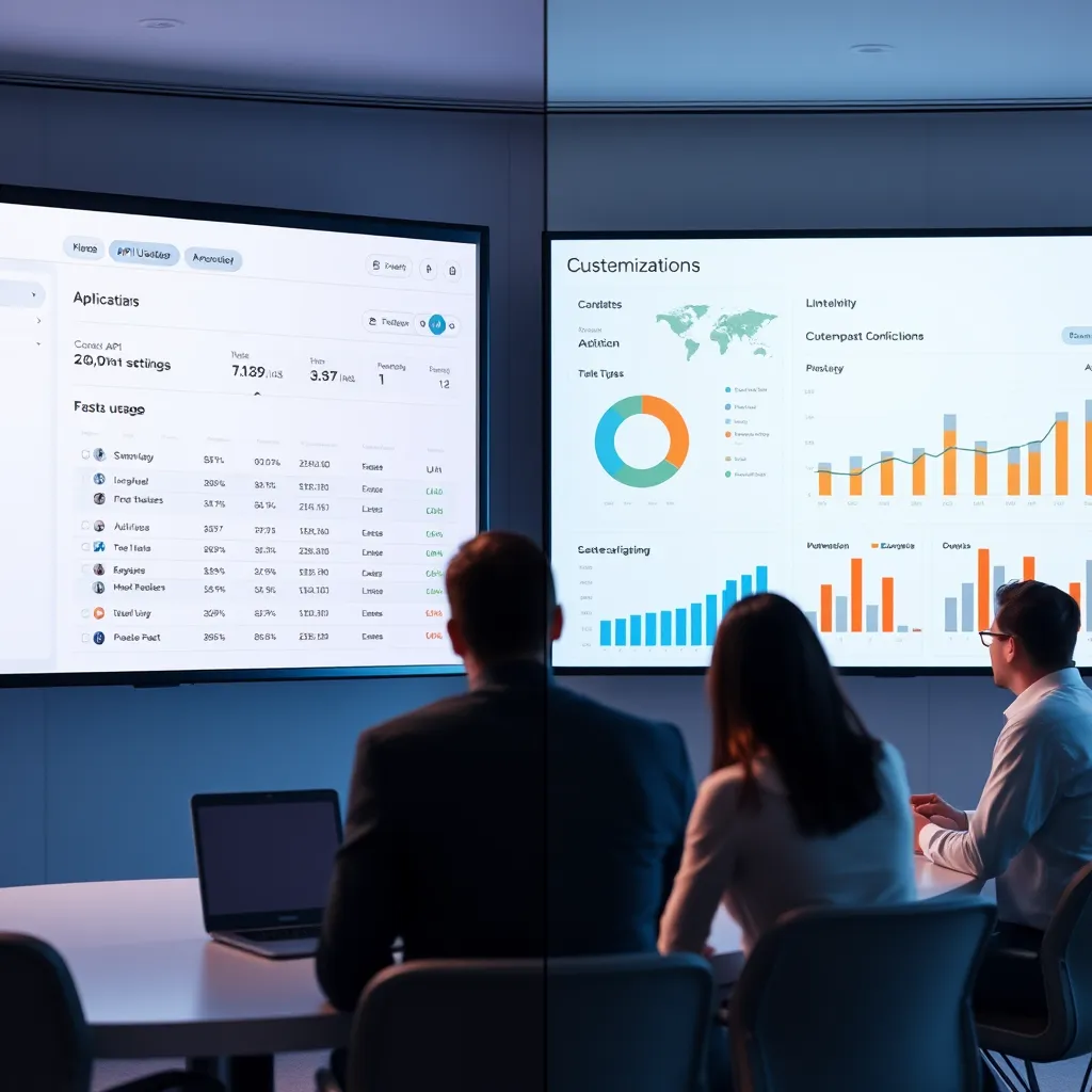 A split screen showing a dashboard interface with quota settings on one side and a business team discussing API usage on the other. Include charts and graphs to emphasize analytics and customization options.