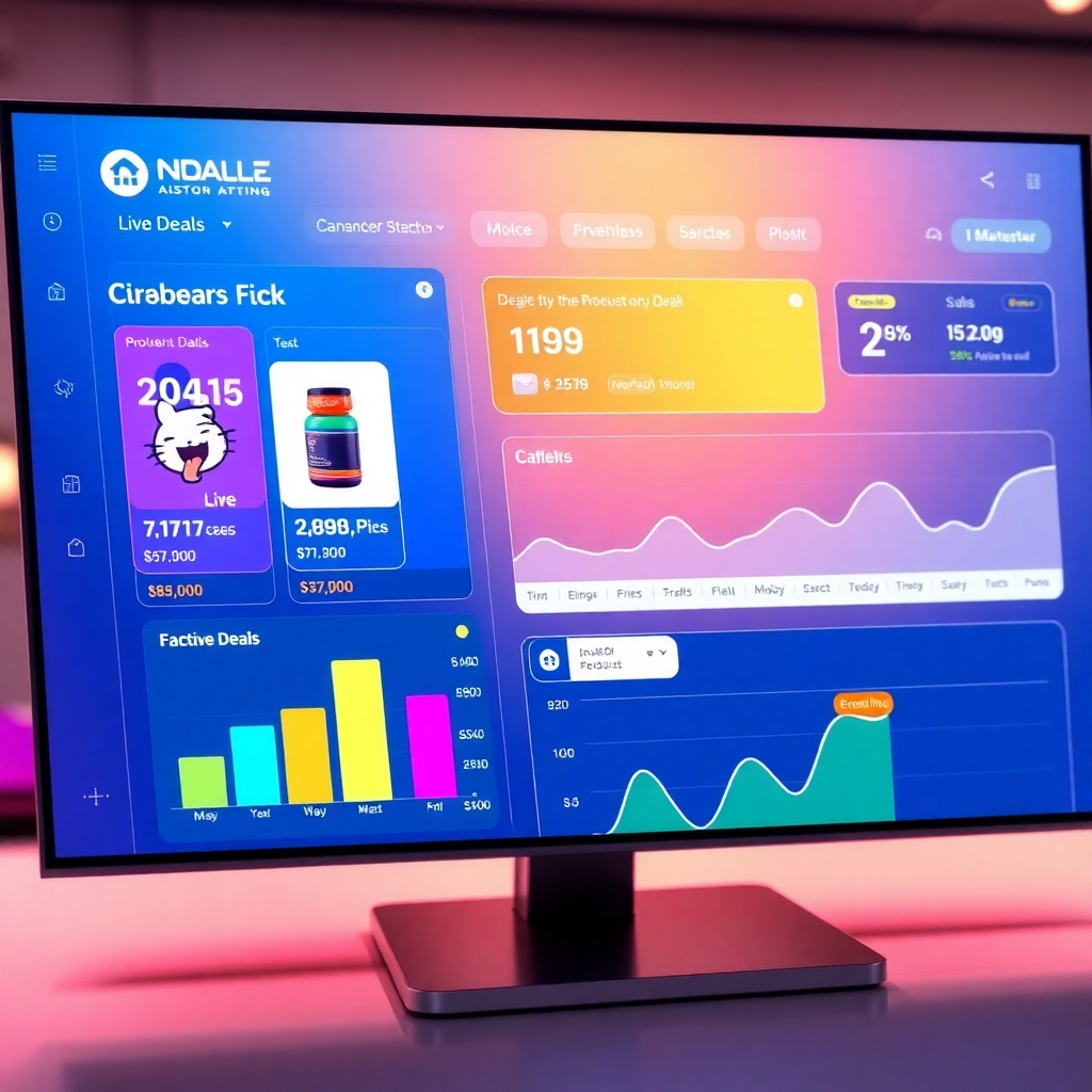 A split-screen view of a user interface showing a vibrant, modern dashboard with live deal tracking information, displaying price reductions and countdown timers next to product images. Include dynamic graphs indicating sales trends and notifications for active deals.