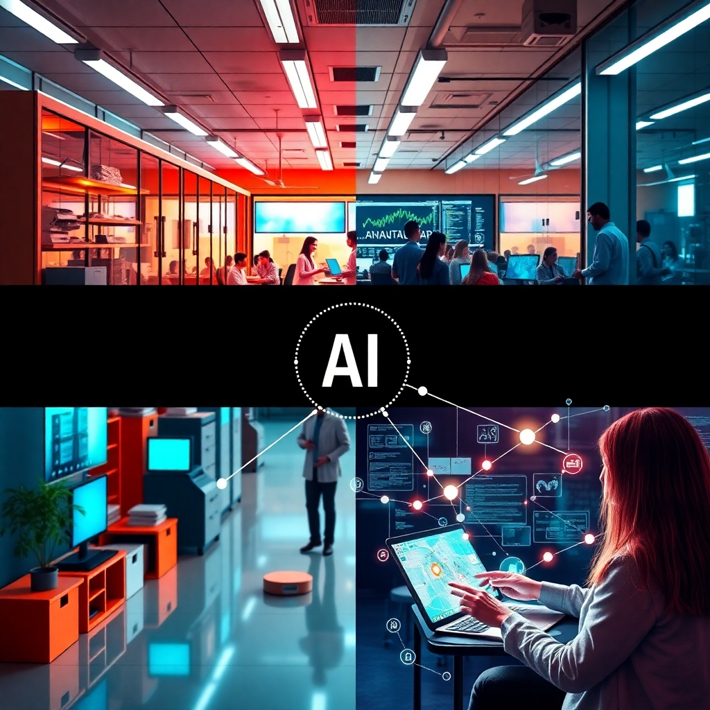 A split-screen visualization featuring two contrasting scenes: one of a bustling healthcare facility using AI for patient management, and another of a tech startup brainstorming innovative projects. Bright and dynamic colors capture each industry, while a digital overlay interlinks them with visual pointers related to AI applications, projecting a future where AI seamlessly enhances productivity across sectors.