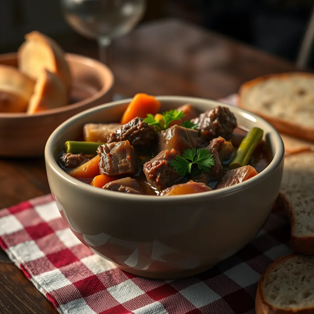 A steaming bowl of hearty stew, featuring chunks of beef, carrots, zucchini, and green beans, garnished with fresh parsley. The bowl is placed on a checkered tablecloth, with a side of low-carb bread, and soft ambient lighting to enhance the meal's warmth.