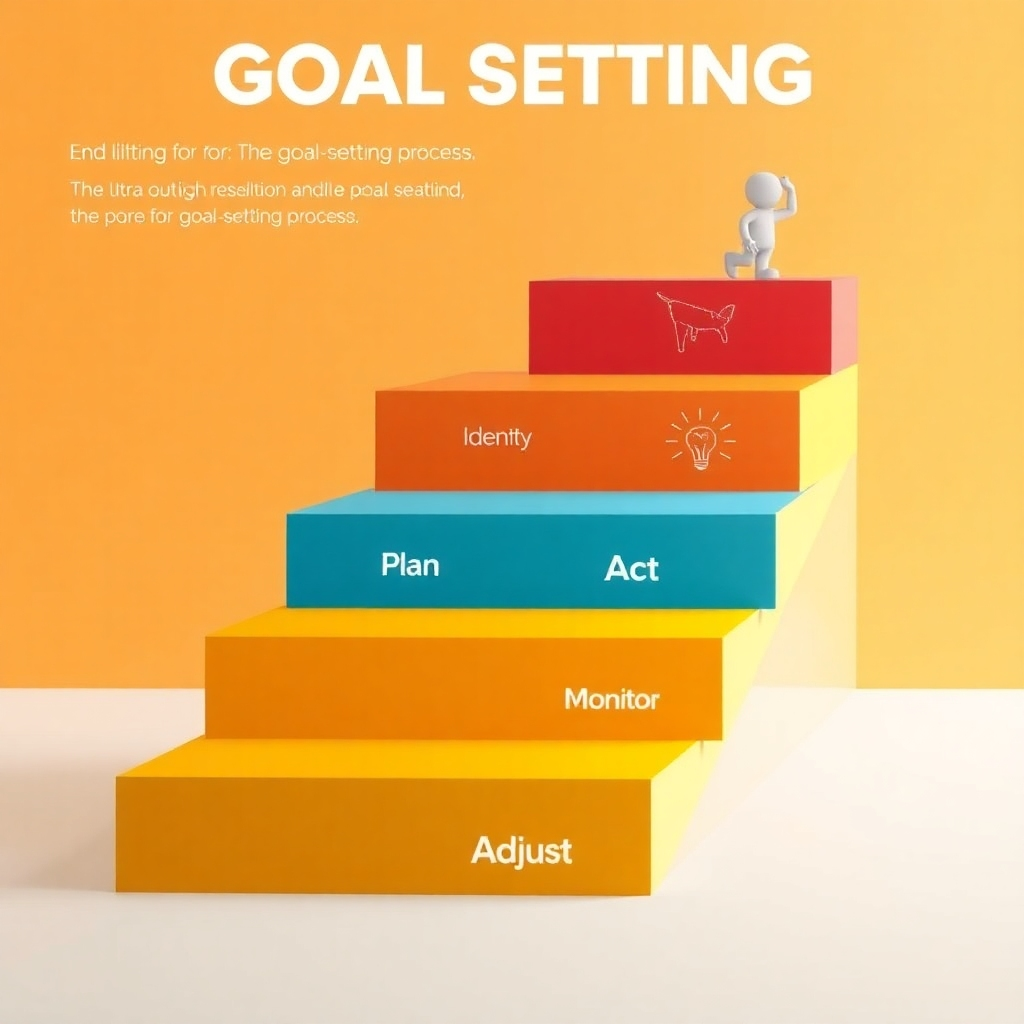 A step-by-step visual guide illustrating the goal-setting process. Use a staircase graphic where each step represents a part of the goal-setting process: Identify, Plan, Act, Monitor, and Adjust. Include motivational icons and a bright background.