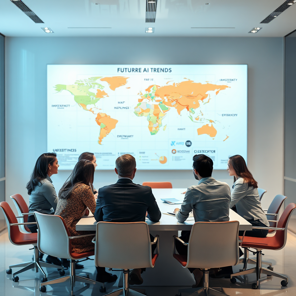 A strategic planning session in a modern office where a map of future AI trends is displayed on a large board. Participants are engaged in discussion around a sleek table, with futuristic designs subtly embedded in the room's decor. Soft focus background emphasizes collaboration and vision. The textures include glossy surfaces blended with the warmth of collaborative materials, promoting a forward-thinking atmosphere.