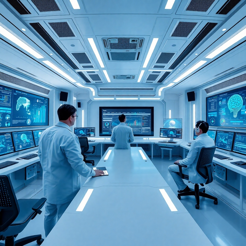 A striking image representing the significance of Google’s Gemini 2.5. The scene features a futuristic control room with scientists examining data and AI models on screens. Bright white lighting with accents of blue enhances a high-tech atmosphere. The camera angle is panoramic to capture the entire room. Textures include high-tech monitors and analytics projections. Style references align with advanced research environments.