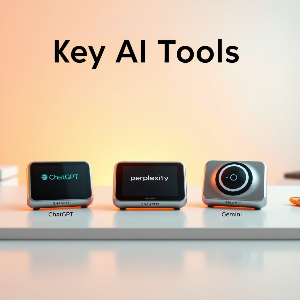 A stylized image of three key AI tools represented as sleek, modern gadgets on a clean desk. Each tool is labeled with its name: ChatGPT, Perplexity, and Gemini. The surroundings are minimalistic with a soft-focus background of an inspiring workspace. Warm lighting highlights the tools, creating a contrast against a gentle, neutral background. The textures of the devices are polished and futuristic, evoking a sense of advancement.