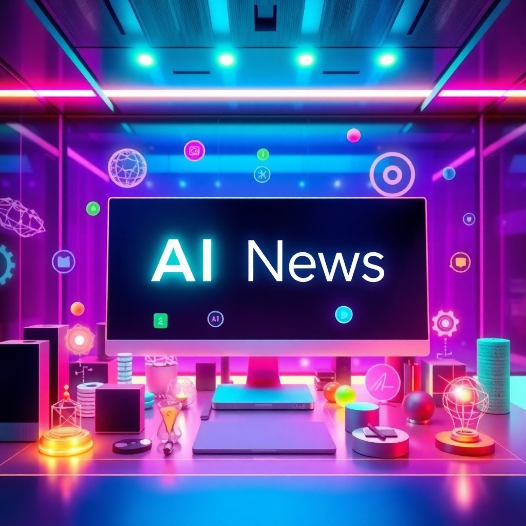A stylized image representing the essence of 'AI News' through a dynamic collage of AI tools, such as Google Flow and generative media models. The composition features a vibrant blend of digital elements and technology symbols set against a sleek, modern backdrop. Lighting is bright and colorful, using a mix of ambient and spotlight effects to highlight key components. The color palette includes vivid shades of blue, green, and purple, while textures are clean and glossy, reflecting the cutting-edge nature of AI. Style references include a blend of modern digital art and infographics. The technical specs should be set at 4K resolution, high quality.