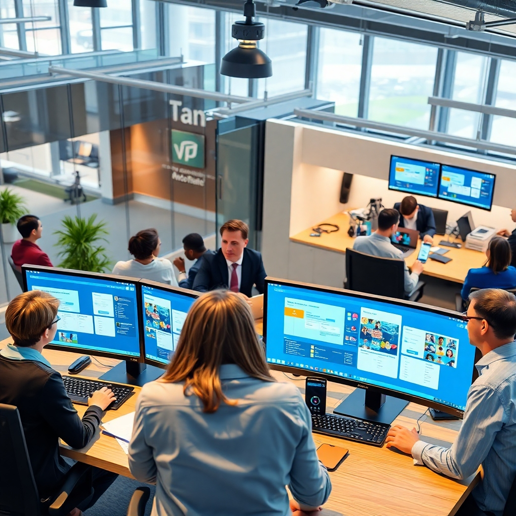 A stylized image showing a collaborative workspace where teams are actively using Microsoft apps, adorned with user-friendly interfaces on screens. The environment should convey innovation with bright lighting and modern design, captured from a high angle to emphasize teamwork and technology integration.