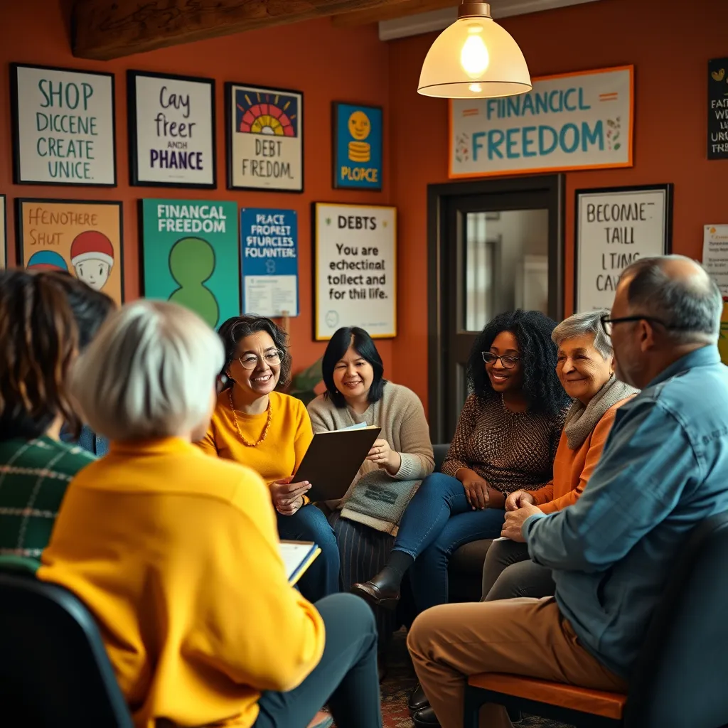 A supportive group meeting in a cozy community center. A diverse group of individuals sharing their experiences about debt management. A facilitator holds a notebook, emphasizing collaboration. Bright, welcoming colors and inspirational posters about financial freedom decorate the room.