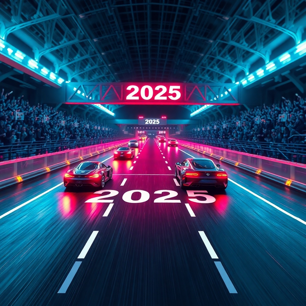 A symbolic representation of the race for AI dominance depicted as a futuristic racetrack where various AI entities are represented as cars speeding towards a finish line marked by '2025.' The track should showcase elements of digital networks and algorithms, illuminated with bright colors representing agility and speed. Include details like cheering crowds of tech enthusiasts to evoke a sense of excitement and anticipation, with texture details enhancing the vividness and realism of the scene.