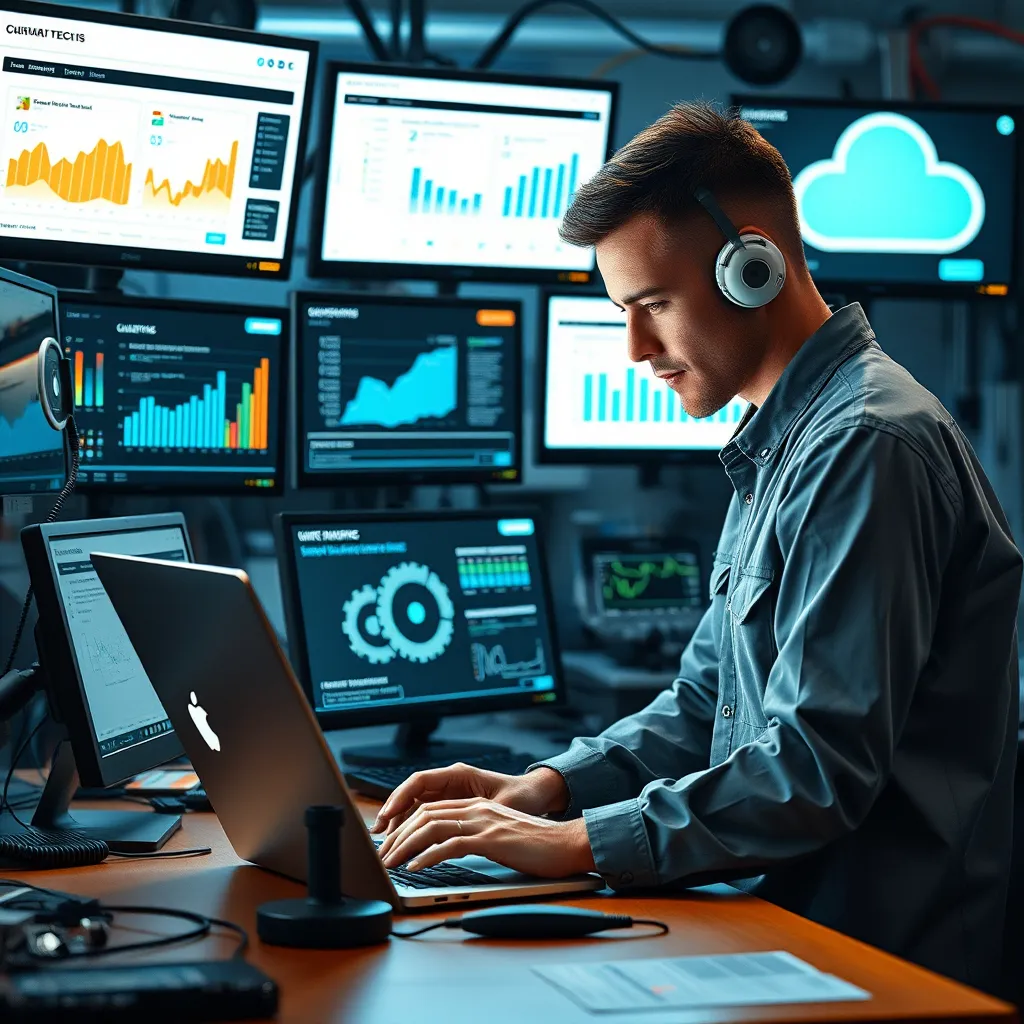 A technician working on a laptop in a tech workshop, surrounded by various monitors displaying chatbot analytics and user feedback. Visual elements like gears and cloud icons signify the ongoing maintenance and improvement processes.