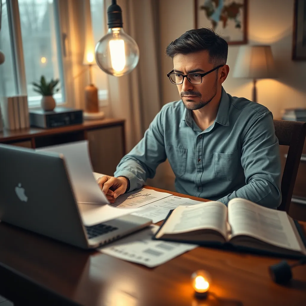 A thoughtful individual sitting at a table filled with financial documents and a laptop, with a Bible open next to them. A lightbulb illuminates the scene, representing inspiration and divine wisdom, set in a cozy home office.