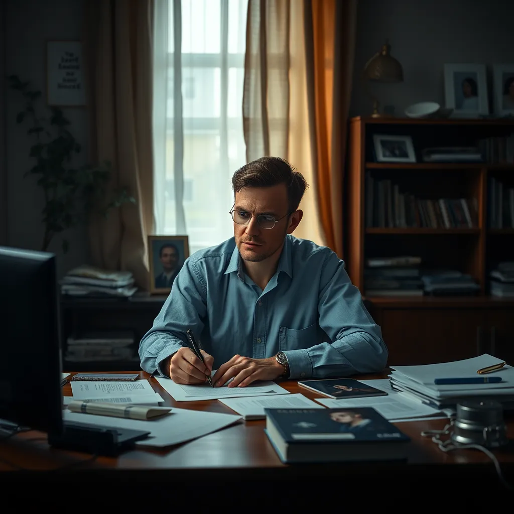 A thoughtful person sitting alone at a desk, surrounded by papers and photos that represent their relationship, with a serious expression as they write down their thoughts. The room should be softly lit, creating a contemplative atmosphere.