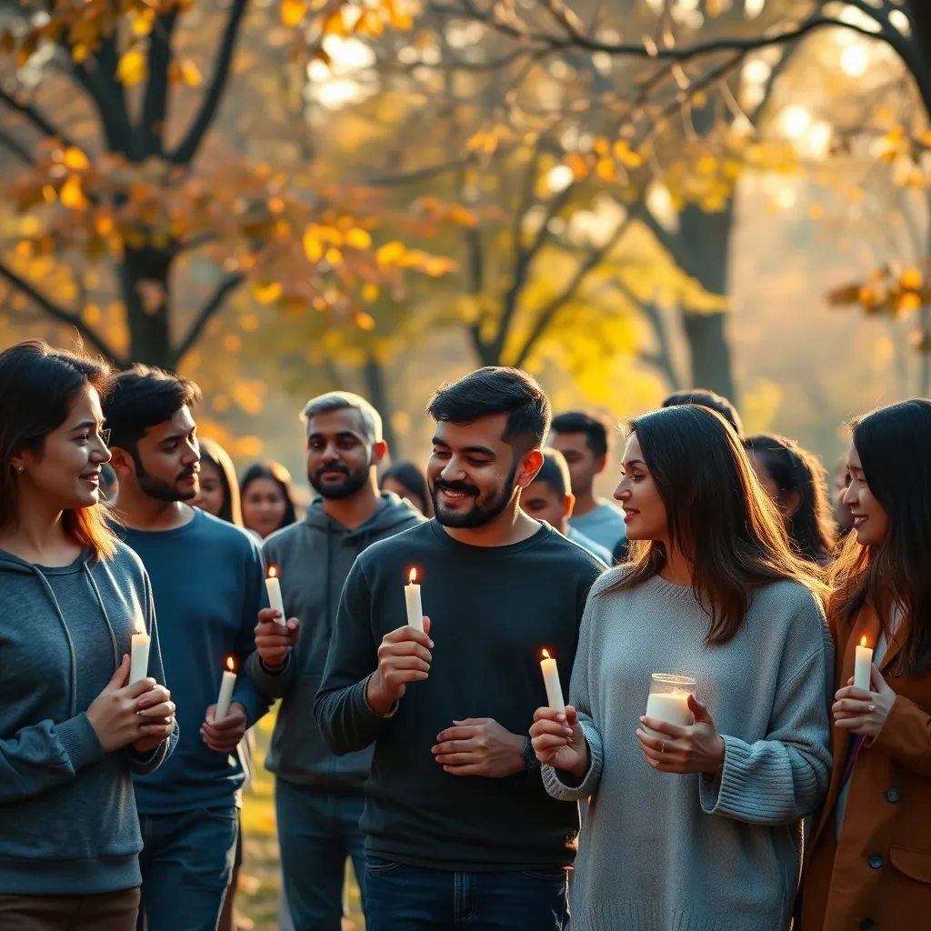 A touching scene of a diverse group of people standing together in a park, visibly supporting each other while holding candles. The background features autumn trees, representing change, and soft sunlight filtering through the branches, creating a warm, compassionate atmosphere.