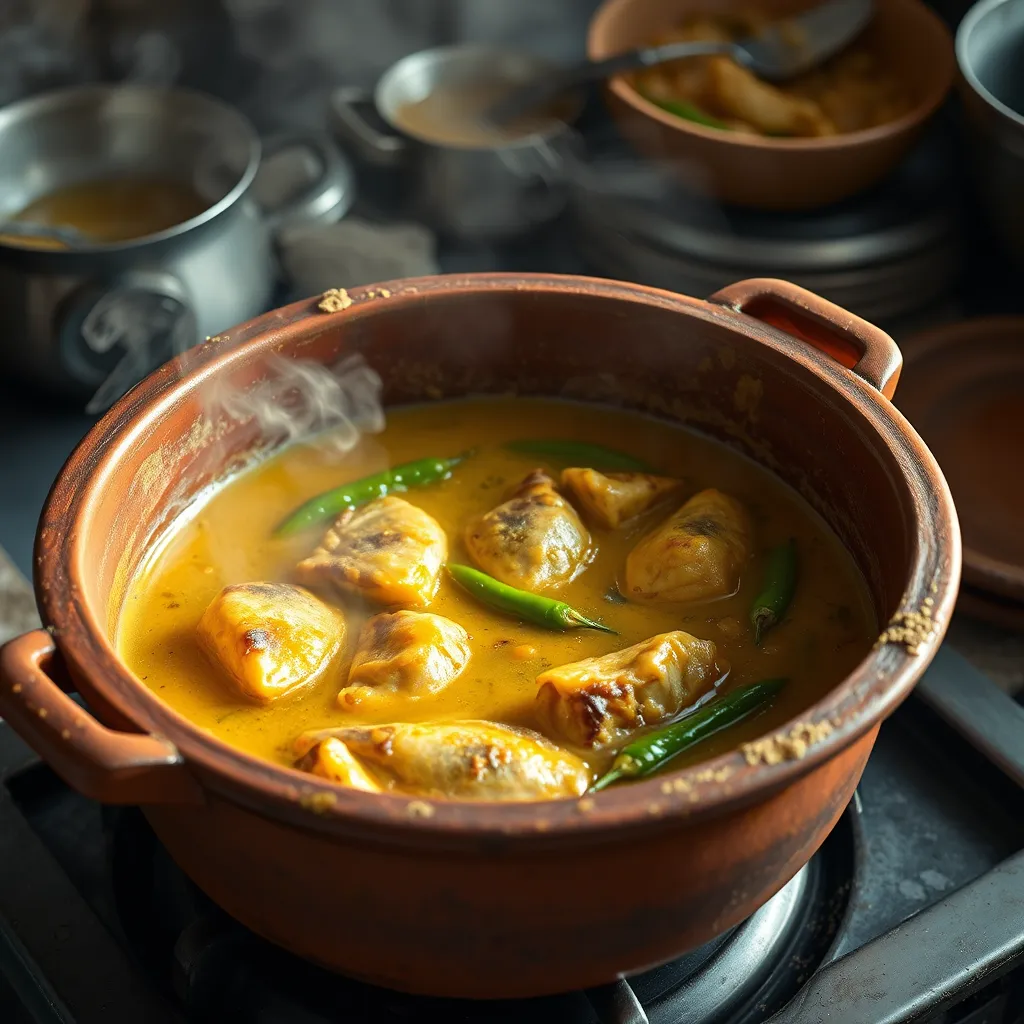 A traditional Bengali kitchen scene with a clay pot on a stove, where hilsa fish pieces are being cooked in mustard paste with green chilies floating in the curry. Steam rising, creating an inviting and authentic atmosphere.