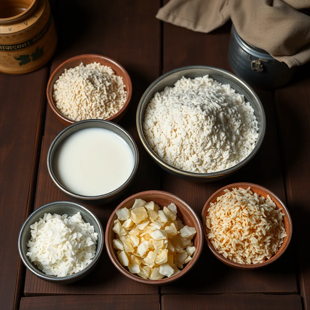 A traditional Bengali kitchen setup displaying key ingredients for Pati Shapta, including bowls of rice flour, semolina, milk, grated coconut, jaggery, and khoya, all arranged neatly on a rustic wooden table.
