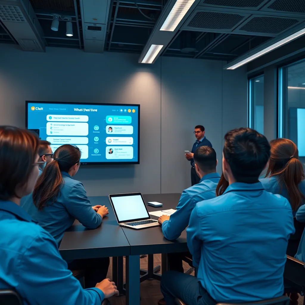 A training session in progress, featuring staff members attentively learning about chatbot functionalities on large screens, with an instructor demonstrating key features, showcasing collaborative learning and technology adaptation.