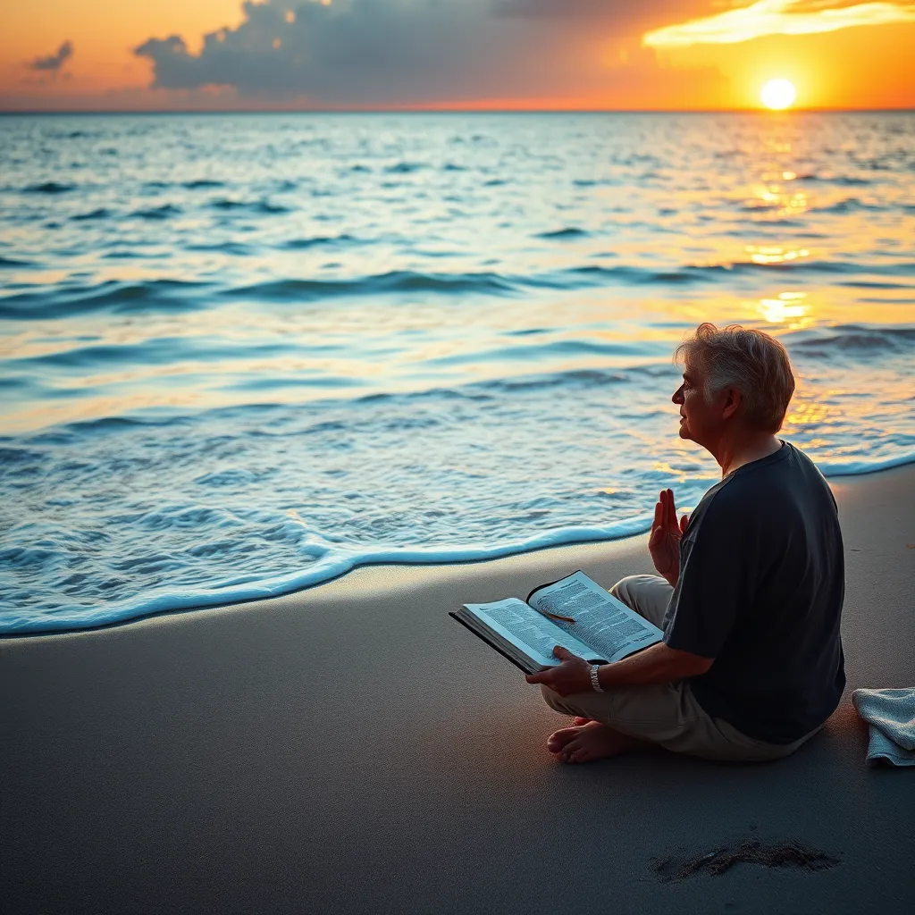 A tranquil beach at sunset, with soft waves lapping at the shore. A person sitting peacefully with a Bible open beside them, meditating and praying with a look of deep peace and contentment, surrounded by the beauty of nature.