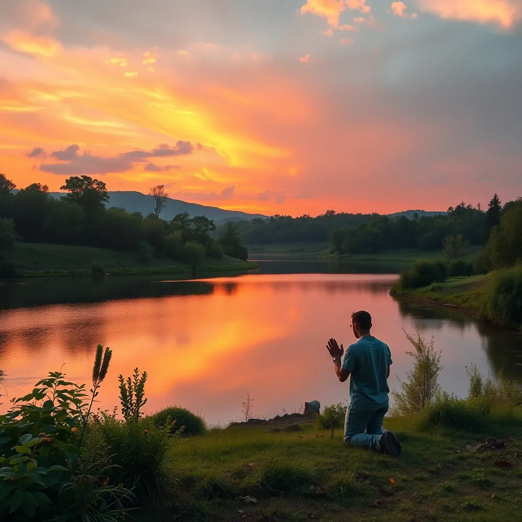 A tranquil landscape at sunset, featuring a person kneeling in prayer at the edge of a serene lake. Surrounding nature is lush and vibrant, creating a peaceful atmosphere. The sky is filled with warm hues of orange and pink, symbolizing hope and healing through prayer.