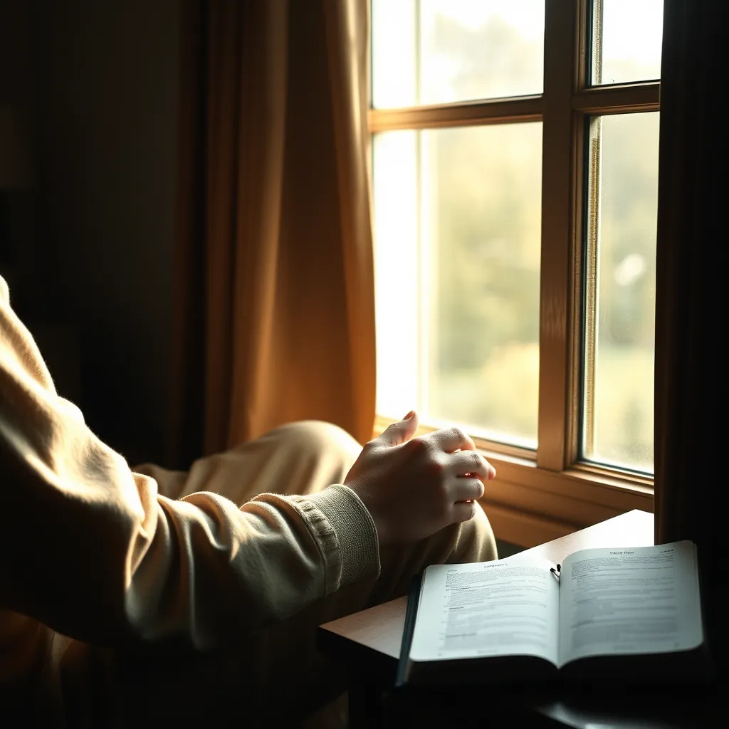 A tranquil setting of a person sitting by a window, bathed in soft morning light, with hands clasped in prayer. A journal and a Bible are open next to them, symbolizing reflection, communication with God, and the journey of spiritual growth.