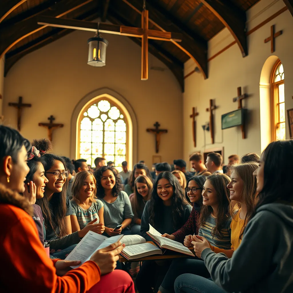 A vibrant, inclusive gathering of young people engaged in a lively discussion in a church hall, surrounded by Christian symbols such as crosses and Bibles. The youth of diverse backgrounds are smiling, sharing ideas, and participating in group activities, with soft natural light streaming through windows.